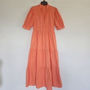 Puff-Sleeve Tiered Maxi Dress Vneck Cotton Summer Lightweight Orange Salmon XS